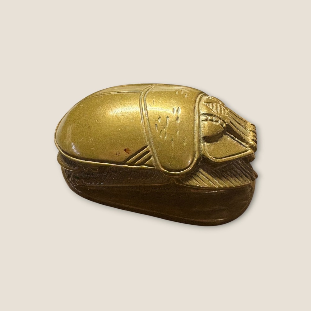 Vintage Brass Egyptian Scarab Beetle Paperweight Hieroglyphics Metal Figurine